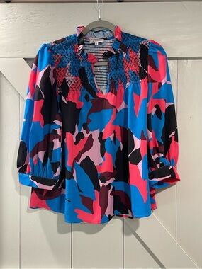 CROSBY by Mollie Burch Blue and Pink Abstract Smocked Yoke Blouse
